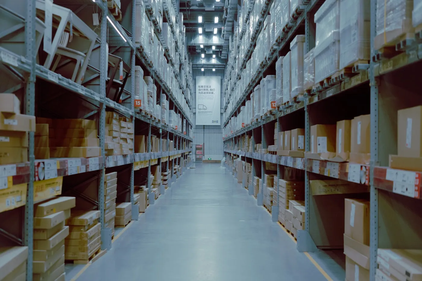 Aisle of warehouse shelving stacked with boxes